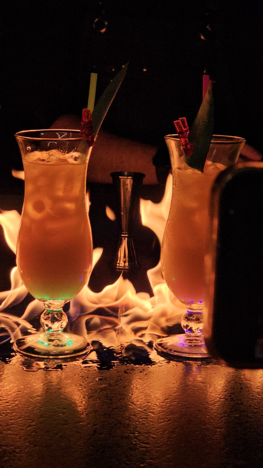 Two cocktails with fire show flames Miami